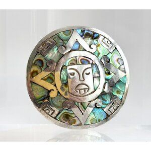 Taxco Mexican Abalone Mayan | Aztec Vintage Sterling Silver Brooch | Pendant